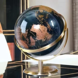 Globe Terrestre Métallique Or Chrome Bleu Nuit Design
