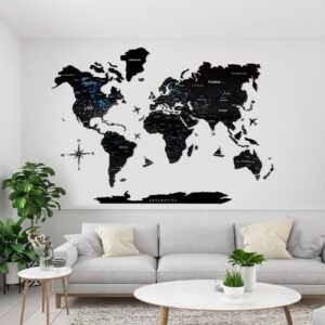 Carte du Monde en Bois Noir Murale 2D