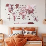 Carte du Monde en Bois 2D Rose Poudré et Brun
