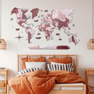 Carte du Monde en Bois 2D Rose Poudré et Brun