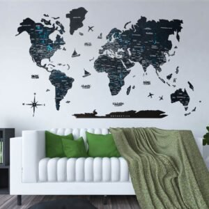 Carte du Monde Bois 2D Bleu Nuit
