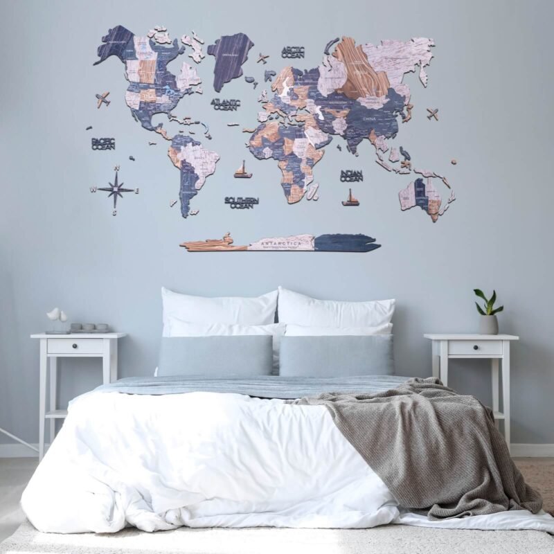 Carte Monde Bois 2D Tons Pastel