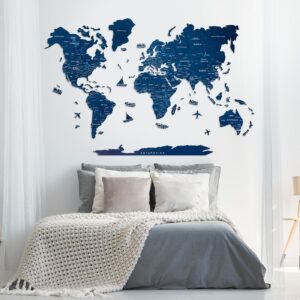 Carte du Monde en Bois 2D Foncée Bleu Marine