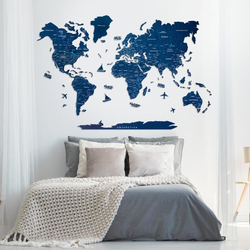 Carte du Monde en Bois 2D Foncée Bleu Marine