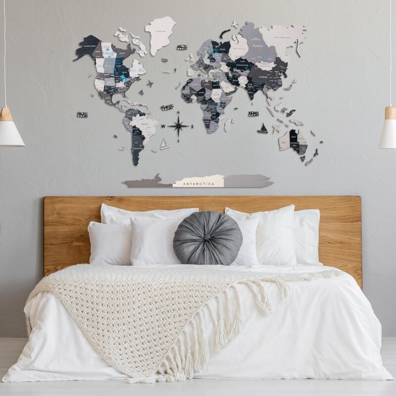 Carte du Monde Gris en Bois 2D