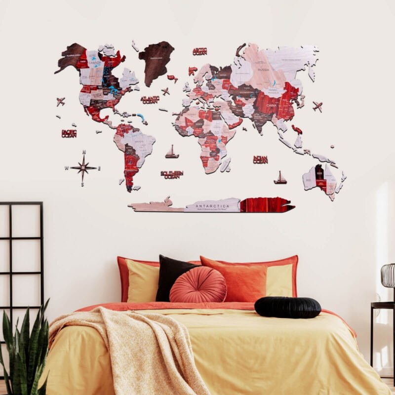Carte du Monde en Bois à Coller Rouge et Rose