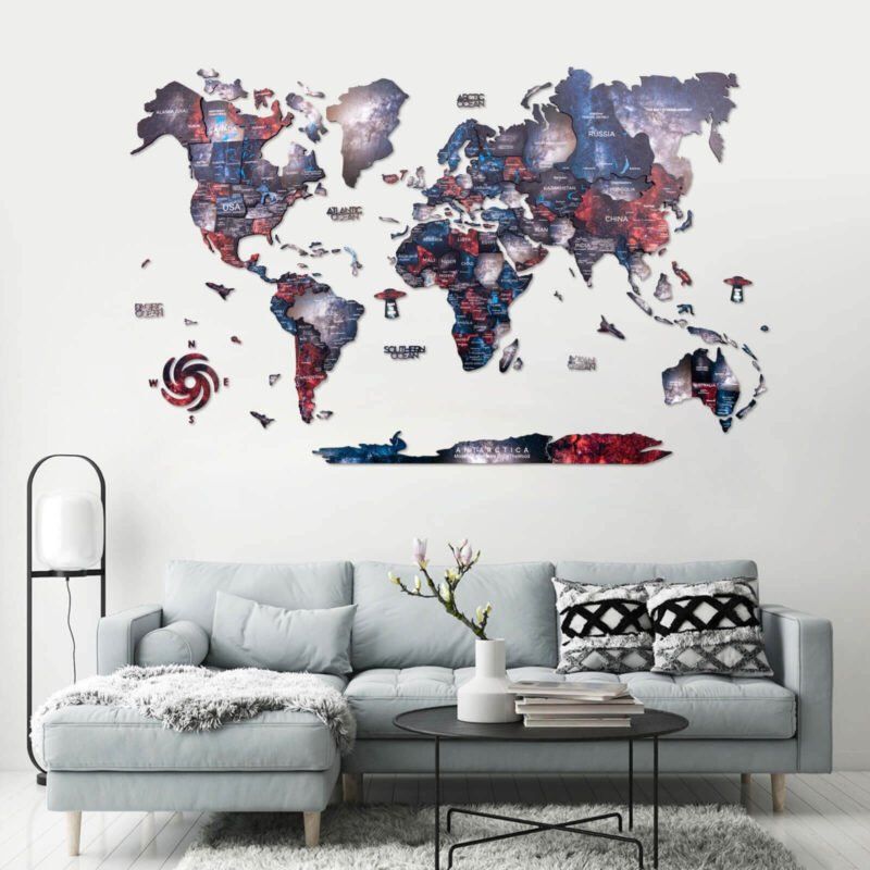 Carte du Monde Murale 3D Galaxie Violet et Rouge