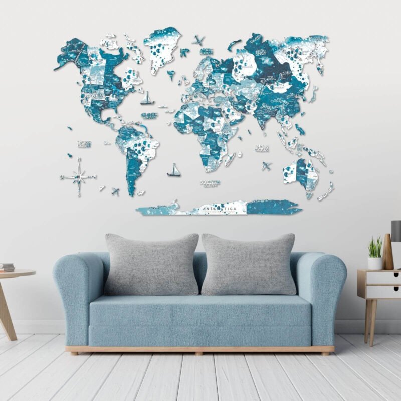 Carte du Monde en 3D Turquoise