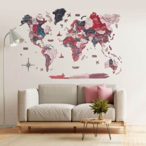 Carte du Monde Bois 3D Rose et Gris