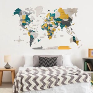 Carte du Monde 3D Bois Moutarde et Vert