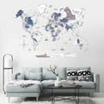 Carte du Monde 3D en Bois Gris Bleu et Blanc