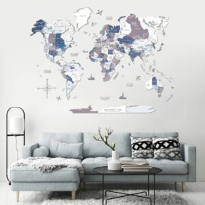 Carte du Monde 3D en Bois Gris Bleu et Blanc