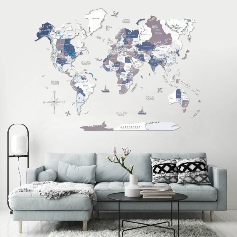 Carte du Monde 3D en Bois Gris Bleu et Blanc