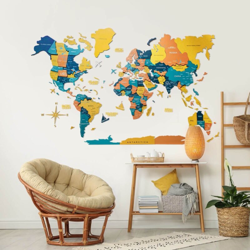 Carte du Monde en Bois 3D Multicolor Jaune Bleu Orange