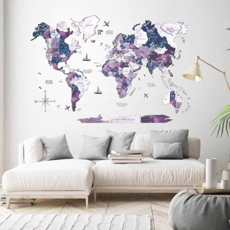 Carte du Monde en Bois en 3D Violet Voie Lactée