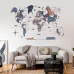 Carte du Monde Murale en Bois 3D Bleu Gris et Beige