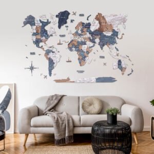 Carte du Monde Murale en Bois 3D Bleu Gris et Beige