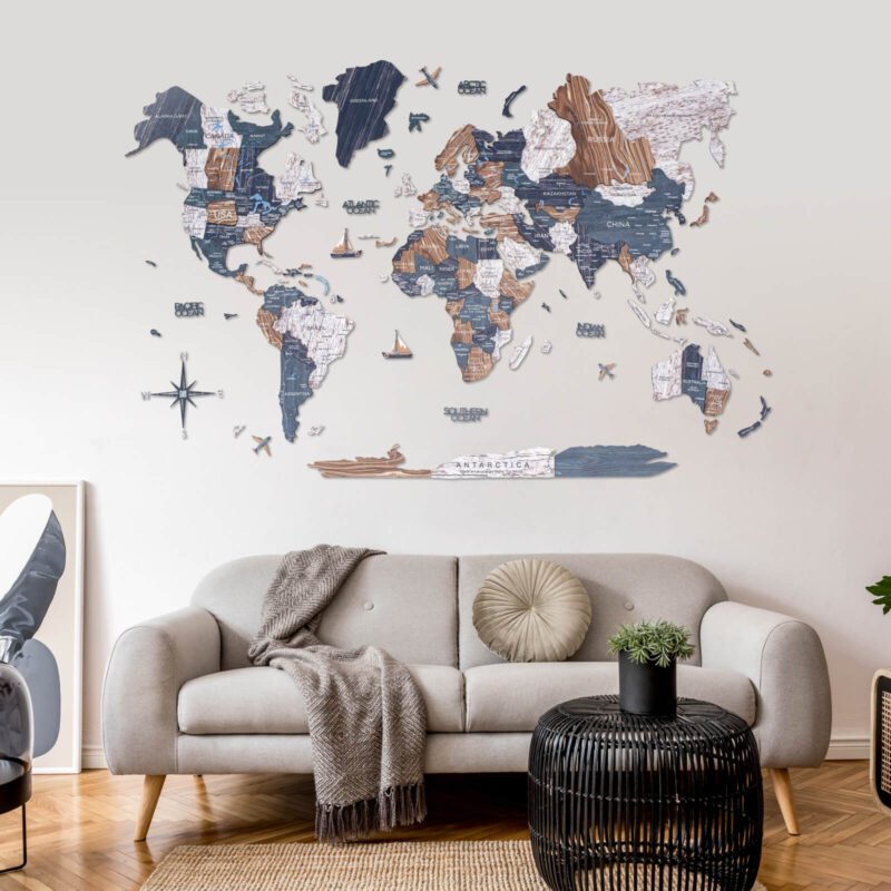 Carte du Monde Murale en Bois 3D Bleu Gris et Beige