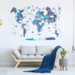Carte du Monde Murale 3D Bois Bleu Océan