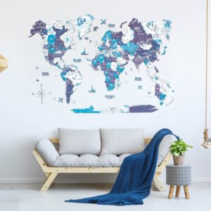 Carte du Monde Murale 3D Bois Bleu Océan