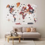 Carte du Monde Murale 3D en Bois Terracotta et Bleu