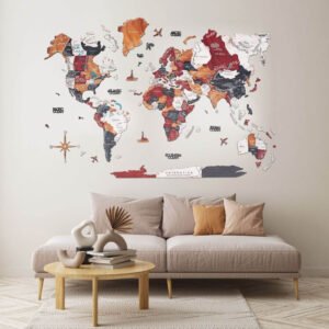 Carte du Monde Murale 3D en Bois Terracotta et Bleu