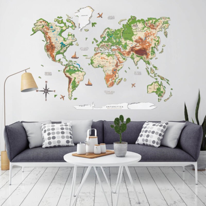 Carte du Monde en Relief Verte Façon Carte Physique
