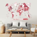 Carte du Monde Bois Relief Rouge Corail