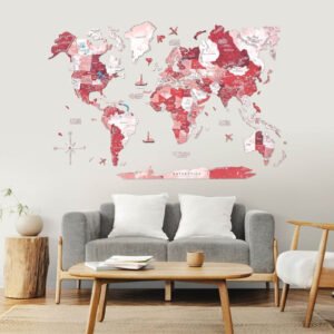 Carte du Monde Bois Relief Rouge Corail