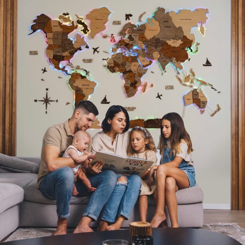 Carte du Monde en Bois 3D LED Fond Acrylique