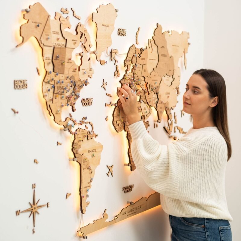 Carte du Monde en Bois XXL LED Bois Doré