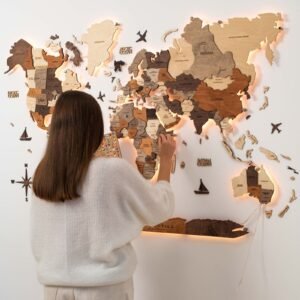 Carte du Monde XXL Bois LED Tons Bois