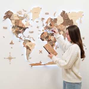 Grande Carte du Monde Bois LED Bois Fumé