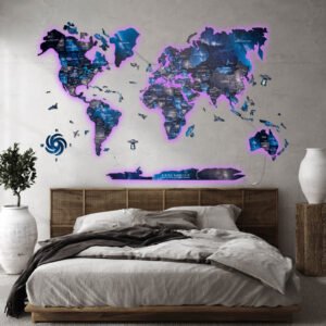Carte du Monde Murale XXL LED Bleu Galaxie