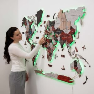 Carte du Monde Murale Design LED Rouge et Gris