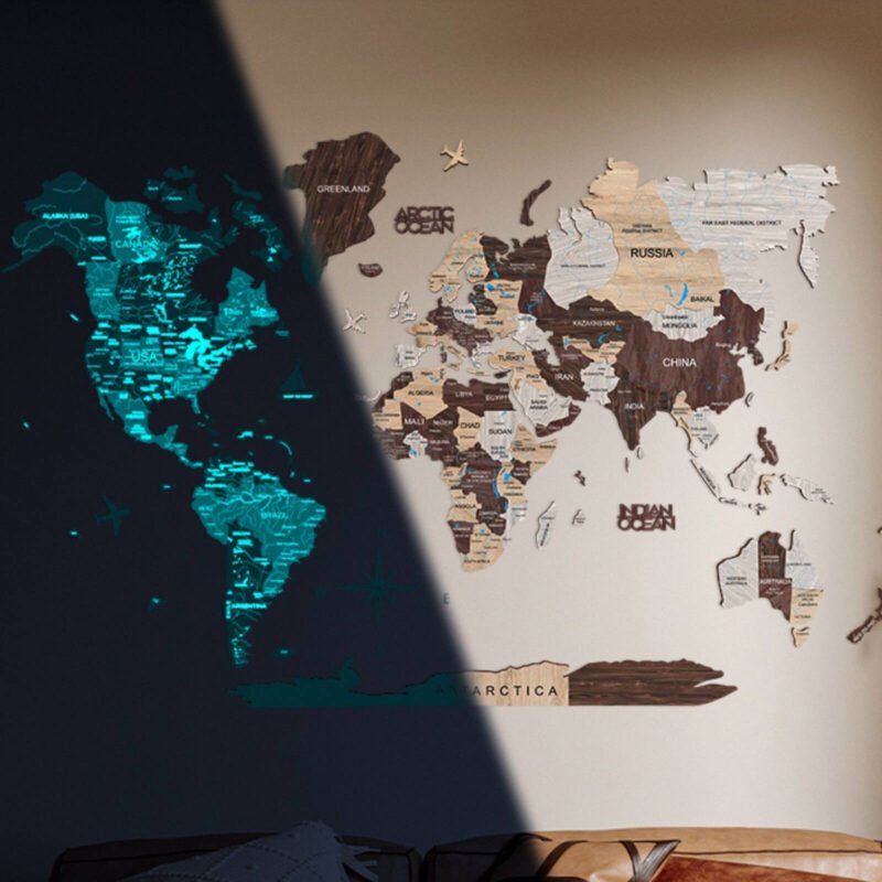 Carte du Monde Phosphorescente en Bois 3D Cappuccino