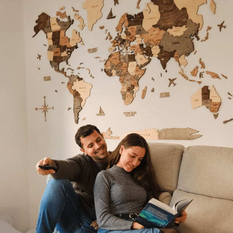 Carte du Monde en Bois Voyage 3D Fumé