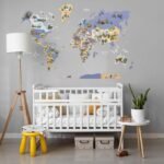 Carte du Monde en Bois Enfant Animaux Bleu Indigo
