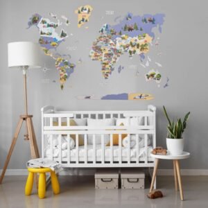Carte du Monde en Bois Enfant Animaux Bleu Indigo
