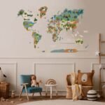 Carte du Monde Bois Enfant Animaux Kaki