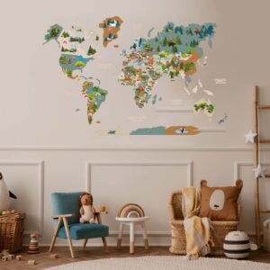 Carte du Monde Bois Enfant Animaux Kaki
