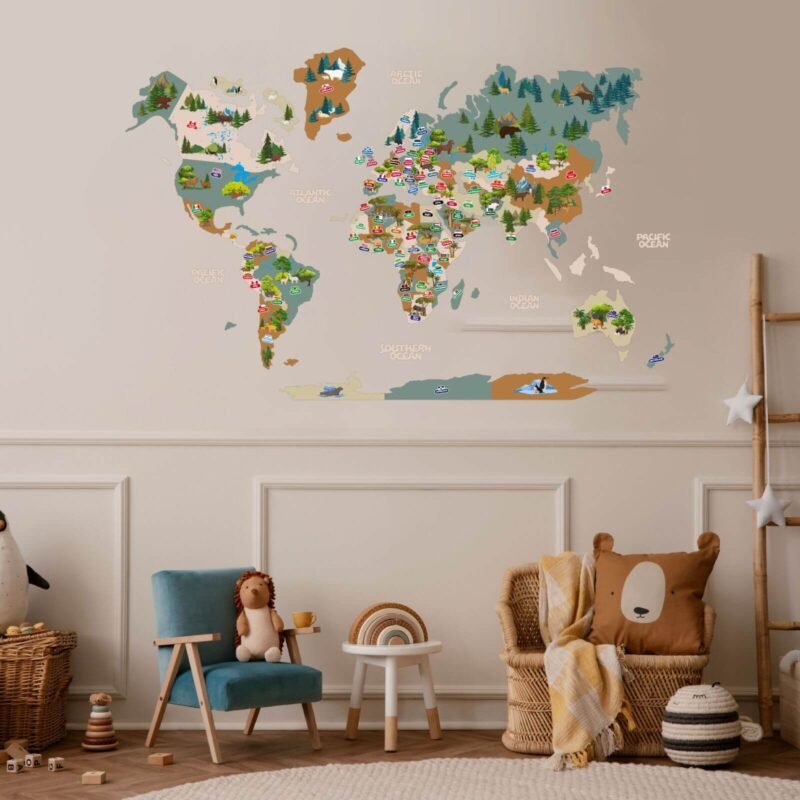 Carte du Monde Bois Enfant Animaux Kaki