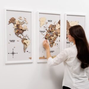 Tableau Mappemonde Bois Triptyque Fumé